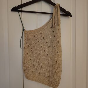 Vintage Beige One-Shoulder Knit Tank Top